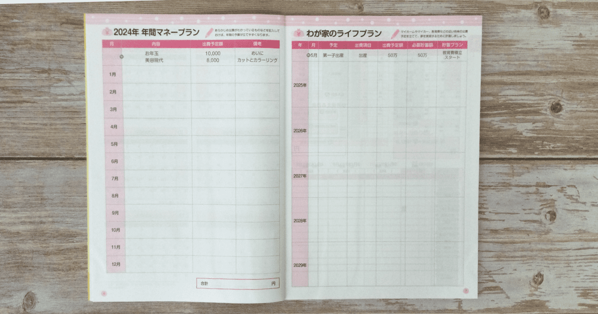 ダイソーらくらく家計簿2024年の年間マネープランと我が家のライフプランのページ。ライフプランは2025年から2029年まで記入ができます。私が実際にこの家計簿を購入して撮影しました。
