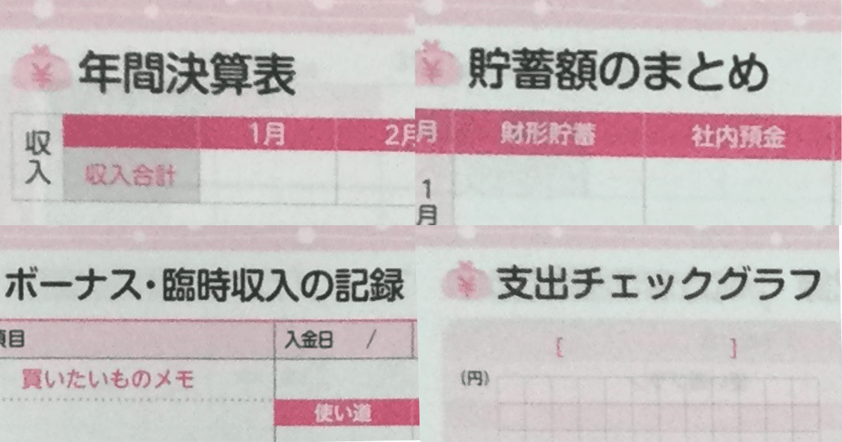 ダイソーらくらく家計簿2024年の年間決算表・貯蓄額まとめ、ボーナス・臨時収入の記録・支出チェックグラフのページ。私が実際にこの家計簿を購入して撮影しました。