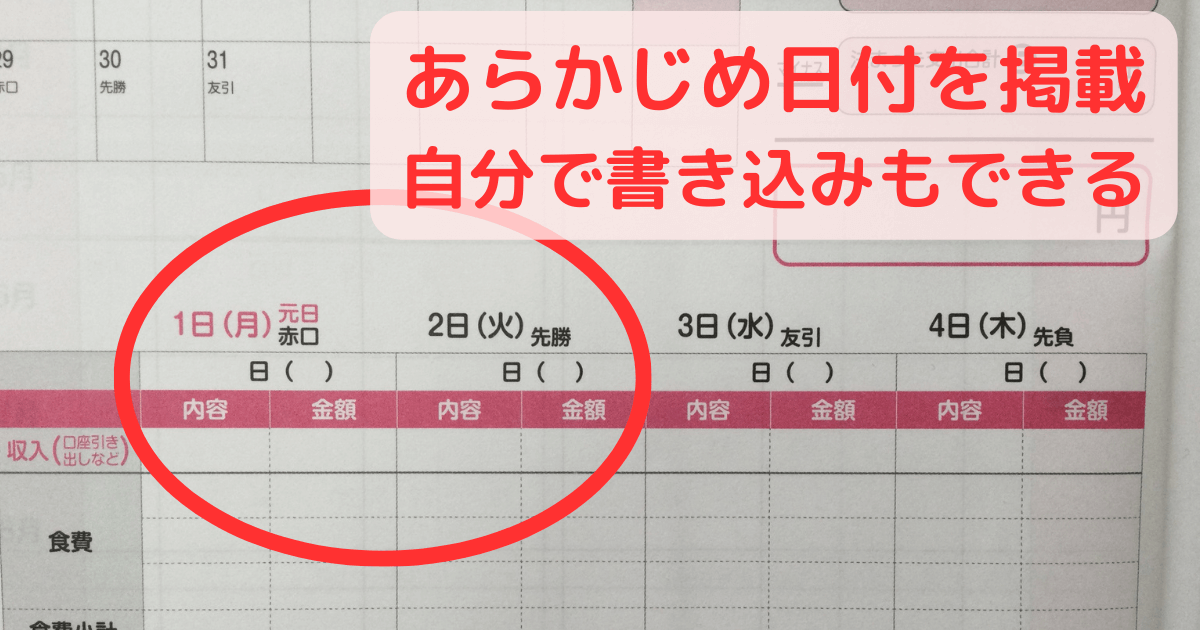 ダイソーのらくらく家計簿2024年の日付部分の画像。もともと記入もあるし、自分で書き込むこともできる。面白い特長だと思います。