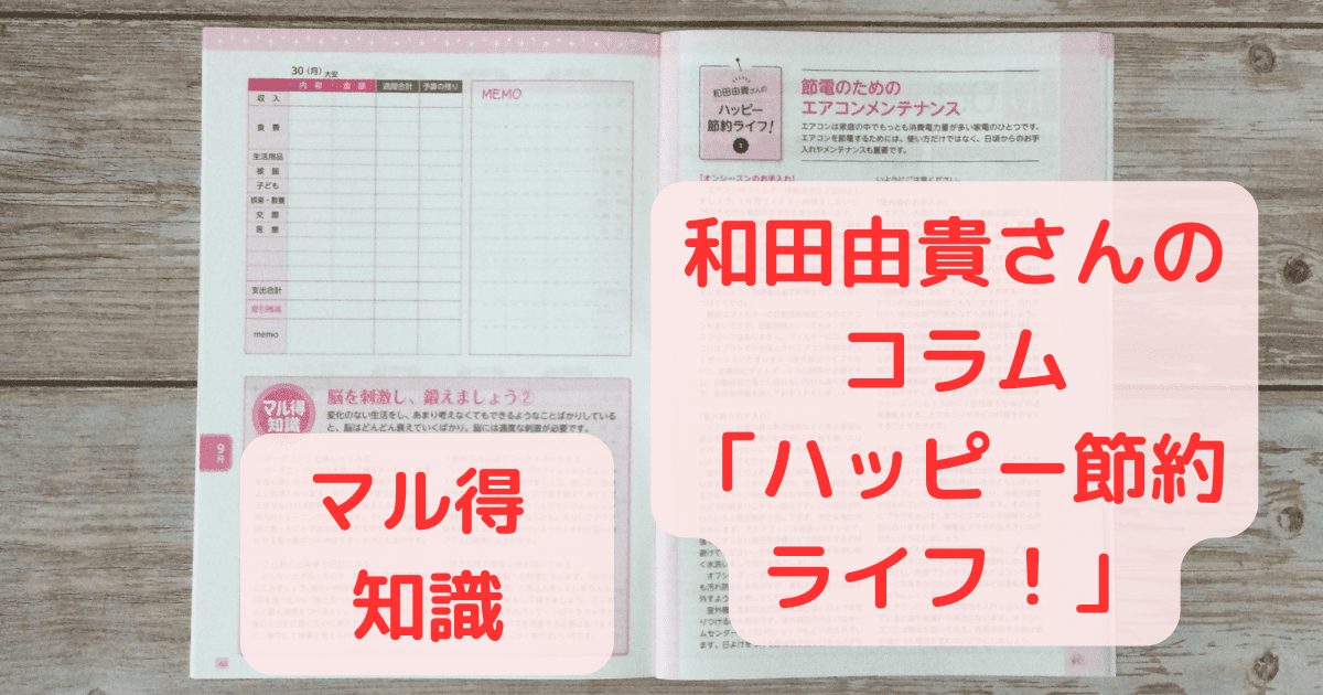 ダイソー節約術家計簿2024年の節約アドバイザーの和田由貴さんのコラムのページ。節約術について書いていて面白いです。生活の知恵のマル得知識のコラムも隣に記載されています。継続することを重視した家計簿です。