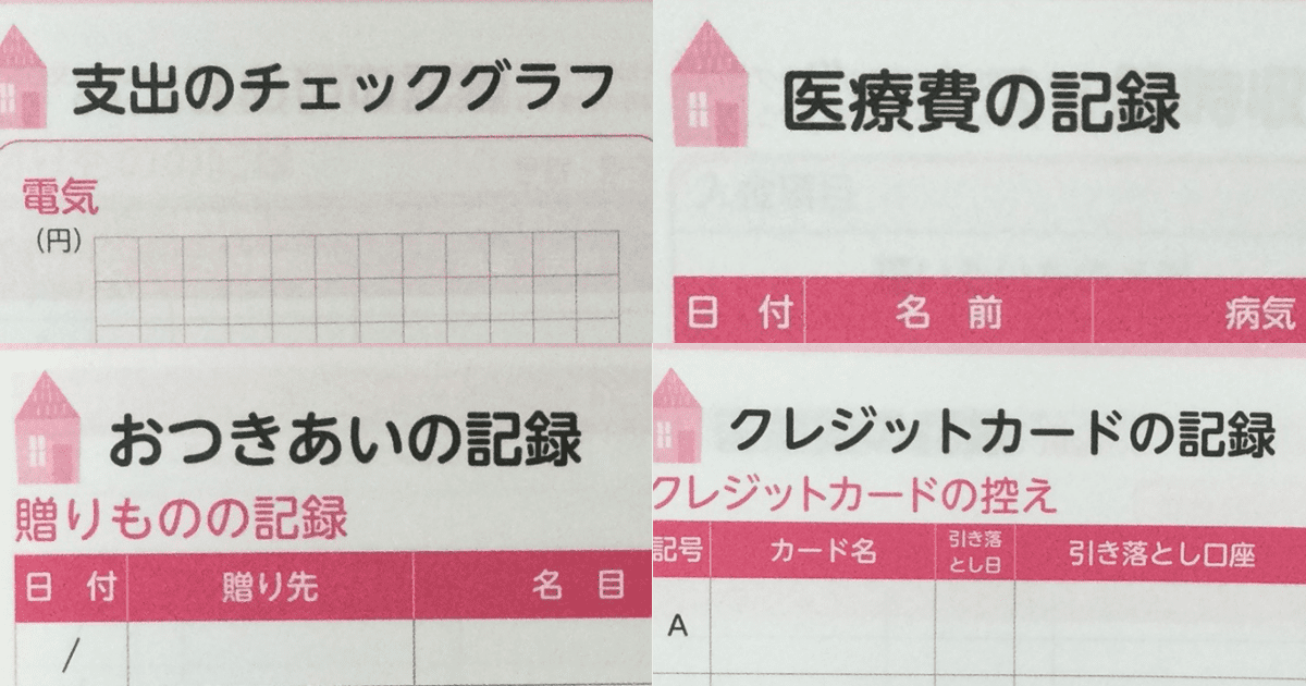 ダイソー節約術家計簿2024年の巻末の支出のチェックグラフ、医療費の記録、おつきあいの記録、クレジットカードの記録のページの画像。私が実際にこの家計簿を購入して、撮影しました。