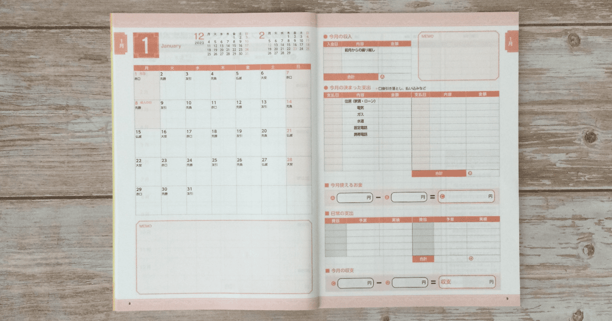 ダイソー家計ノート2024年１月の家計簿を記入するページ。私が実際に購入して撮影しました。