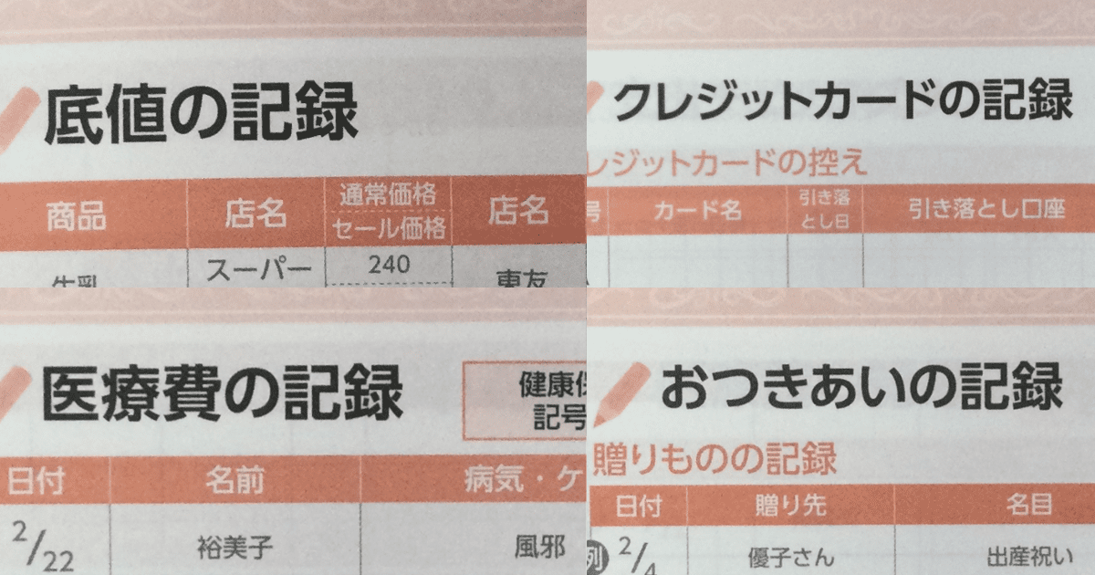 ダイソー家計ノート2024年の巻末の「底値の記録」と「クレジットカードの記録」と「医療費の記録」と「おつきあいの記録」のページ。巻末のページが充実しています。。私が実際に購入して撮影しました。